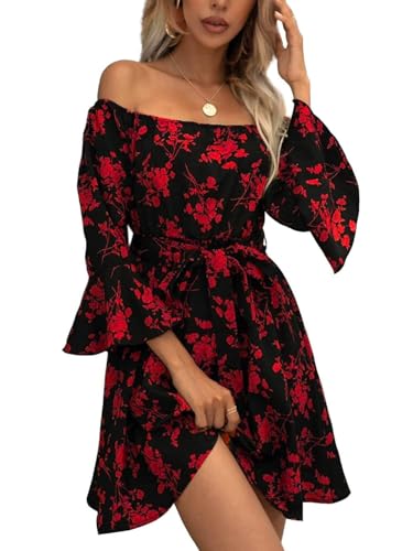Image of Off Shoulder Ruffle Dress for Women, A-Line Mini Dress with Belt, Fitted Bust Summer Wedding Guest Dress