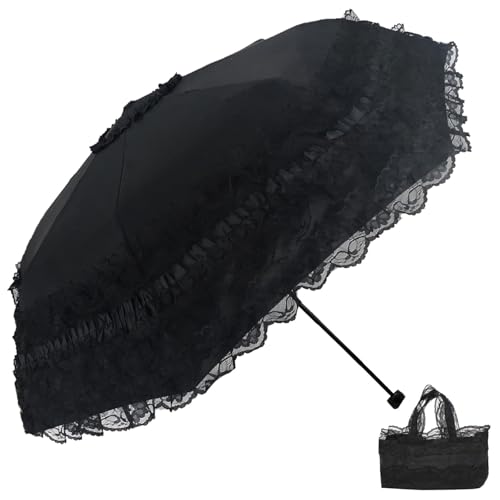 URAWESO Sombrilla de encaje negro gótica Lolita bloqueador UV paraguas gótico para bruja, cosplay, boda, viajes, decoración de Halloween (forro estampado de flores)