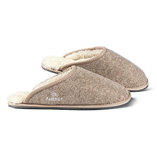 Fellhof Lammfell Hausschuh TRENDY Filz Damen Herren Fell Pantoffeln mit Rutschfester Sohle für Winter & Sommer Hausschuhe aus ECHTEM Lammfell Naturprodukt atmungsaktiv (40/41 beige Melange) Cover