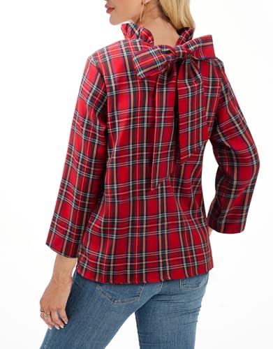 Kedera Womens Summer Bow Long Sleeve Blouse Dressy Casual Pleated Tops Mock Neck Loose Fit Shirts Red Plaid