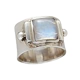 QUSIIOSLK 925 Sterling Silver Square Cut Moonstone Wide Band Ring Boho Vintage Rainbow Natural Moonstone Statement Solitaire Ring Retro Jewelry Gift for Women 8