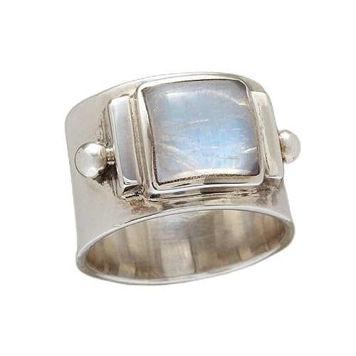 QUSIIOSLK 925 Sterling Silver Square Cut Moonstone Wide Band Ring Boho Vintage Rainbow Natural Moonstone Statement Solitaire Ring Retro Jewelry Gift for Women 8