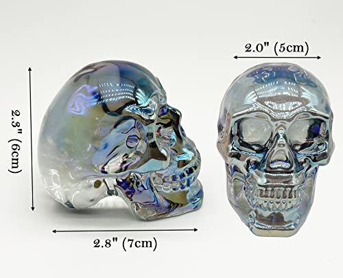Fzbhro Crystal Skull Head Statues Clear Skull Figurines K9 Glass Skull Gemstone Halloween Decor Gifts For Women Plating Light Blue 2.8" #TOP2