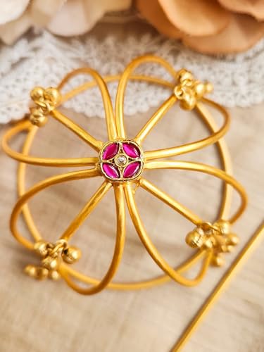 Image of Hair Bun Cage Accessory for Women | Handcrafted Brass Juda Cover with Stick | Anti-Tarnish Traditional Hair Accessory for Wedding & Festive (Ghungroo Hair Bun (Golden))