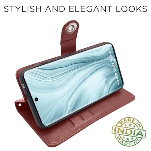 Image of Pikkme Flip Cover Leather Finish | Inside TPU with Card Pockets | Wallet Stand and Shock Proof | Complete Protection Button Flip Case for Vivo V40 5G / V40 Pro 5G / T3 Ultra 5G (Brown)