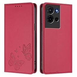 PAIYOTENG PU Leather Cover for TCL K33 Phone Case, Butterfly Pattern Flip Wallet Shell with 2 Card Holders & Hidden Kickstand Durable Drop Protection Case Compatible with TCL K33 Cover (Red)