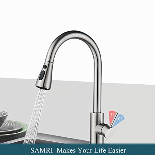 Kitchen Faucets With Pull Down Sprayer, Samri High Arc Single Lever Single Handle Stainless Steel Brushed Kitchen Sink Faucets With Pull Out Sprayer And Brass Valve, For Kitchen Rv Bar Sink #TOP6