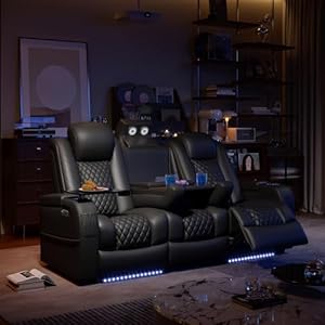 Home theater seating seats movie theater chairs theater recliner with 7 colors ambient lighting lumbar pillow touch reading lights tray table black row of 3  urban country home decor