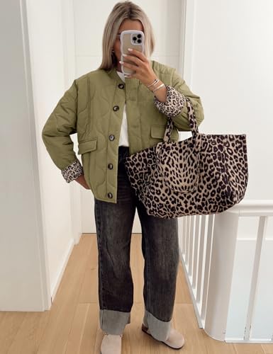 Flygo Women’s Army Green Casual Quilted Puffer Jacket – Leopard Lined, Cropped, Lightweight Bomber Style - Image 5