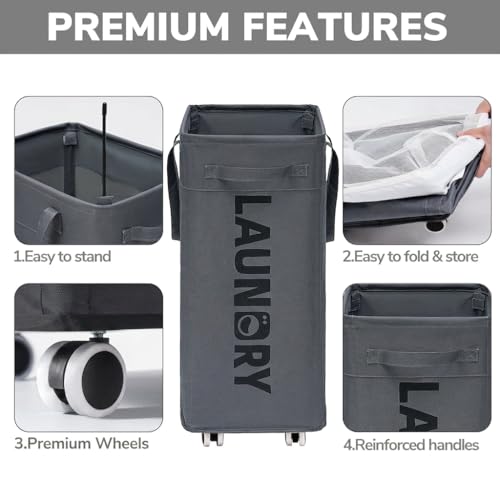 Image of Goodpick Laundry Basket with Wheels, Laundry Hamper with Removable Wash Bag, Clothes Hamper, Rolling Laundry Basket, Dorm Room Essentials, 75L, Grey