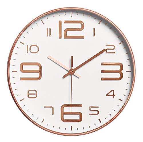 Foxtop Modern Wall Clock, 12 inch Silent Non-Ticking Quartz Decorative Battery Operated Large Numbers Clock for Living Room Home Office School (Rose Gold)