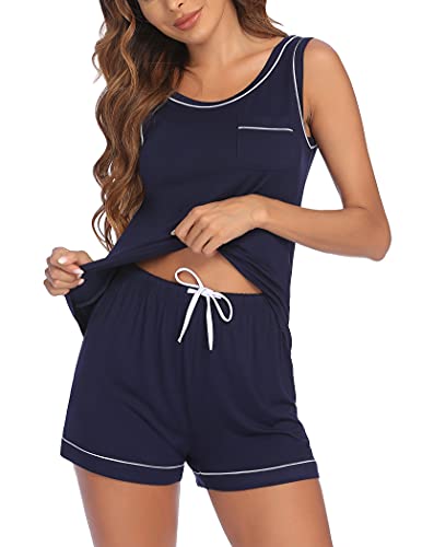 Ekouaer Women s Sleepwear Pajamas Round Neck Sleeveless Pajama Set Soft Lightweight Pjs with Pj Shorts