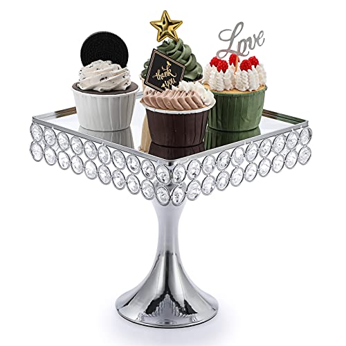 Bstkey 8" Square Wedding Metal Cake Display Stand With Mirror Top Plate, Silver Cupcake Stand With Crystal Beads Decor Pedestal, Dessert Stand For Parties Birthday Afternoon Tea Supplies Centerpiece #TOP4