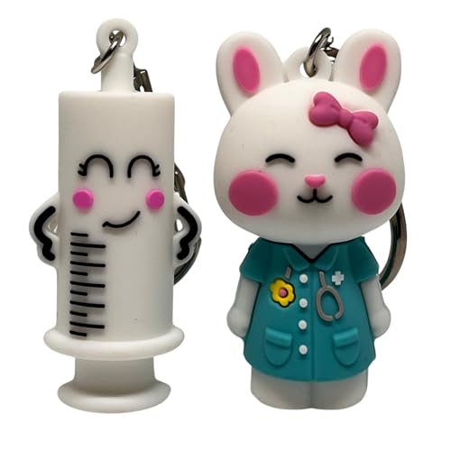 Pack 2 Rompeampollas Kawaii. Encantador Conejito y Jeringuilla Sonriente, Antideslizante, Seguro y Práctico para Enfermería, Veterinaria o Estética. Incluye Mosquetón y Caja de Regalo.