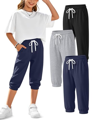 Vinsatin 3 Pack Girls Capri Cropped Pants, 3-Color, 5-6 Years