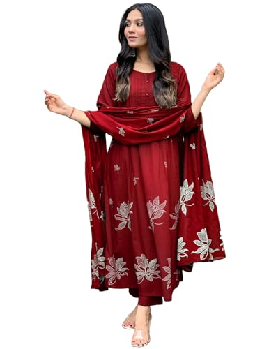 Image of GoSriKi Women's Rayon Blend Anarkali Printed Kurta with Pant & Dupatta | Ethnic Kurta Pant Dupatta Set for Women | Traditional Indian Wear Outfit