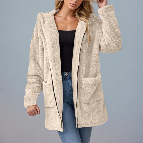KOG Fleecejacke für Damen Wintermantel Warme Teddyjacke Wollmantel Einfarbig Streetwear Frauen Kapuzenpullover übergangsjacke Strickjacke Frau Daunenmantel Sportjacke Dufflecoat Beige XL