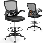 COSTWAY Drafting Chair, Tall Office Chair with Flip-up Armrests & Adjustable Foot Ring, High Back Computer Standing Desk Chair with Ergonomic Lumbar Support, Breathable Mesh (1, Black)