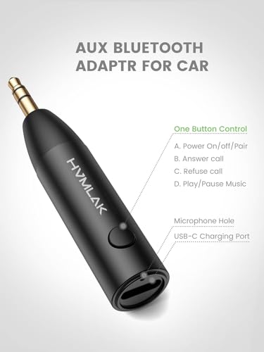 Image of HVMLAK Car Bluetooth 5.4 Aux Adapter, Metal Case, 1 Pack | USB-C Charging, HiFi Sound, Handsfree Calls, 6 Hours Play Time, Music Streaming for Old Car Home Stereo