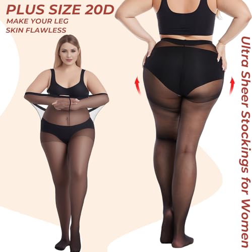 Buauty Plus Size Sheer Tights for Women, 20D High Waist Black Pantyhose Stockings for women Control Top Resistant(1 pair4