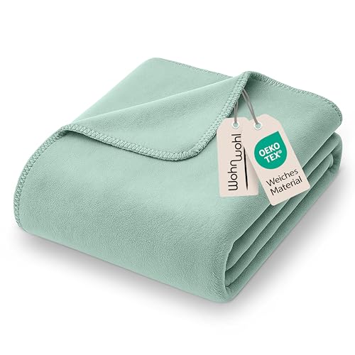 WOHNWOHL® Kuscheldecke (150x200cm) • Weiche Tagesdecke • Sofadecke • Wohndecke • Schlafdecke • Oeko-Tex zertifizierte Baumwolldecke • Samtig weiche Decke • Farbe: Eukalyptus