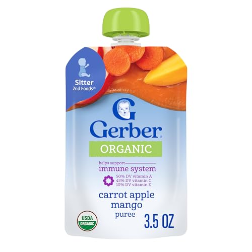 Gerber Stage 2 Baby Food, Organic Carrot Apple Mango, Baby Food Pouches, Puree Pouches, Vitamin A, C, & E Helps Support Immune System, No Artificial Flavors or Colors