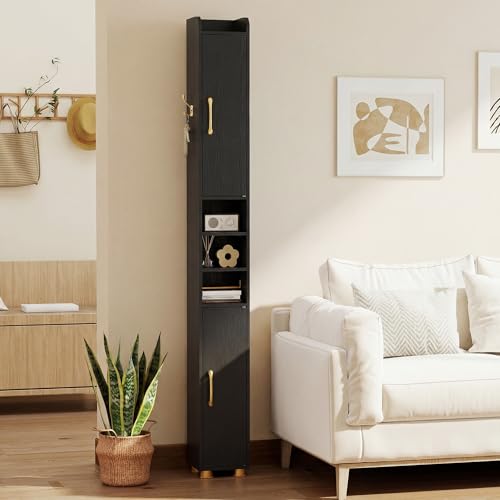 Image of Tangkula Narrow Bathroom Cabinet, 69.5 inch Tall Storage with 2 Doors & Adjustable Shelves, Toilet Paper Rod & Side Hook, Anti-toppling Design, Slim Floor Cabinet for Small Spaces (Black, 1 Pack)