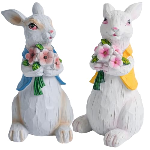 2 Pcs Easter Bunny Decorations Resin Bunny Figurines, Spring Bunny Decor Handmade Couple Rabbit Statues for Home Table Centerpiece Tabletop Lawn Birthday Party Gifts