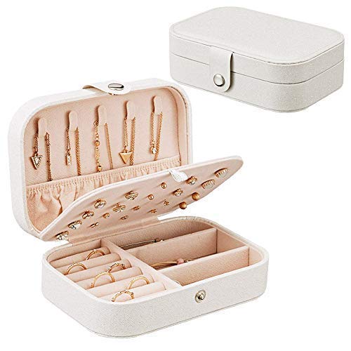 Caja Joyero Pequeña,Portátil Joyero Viaje Cajas para Joyas Jewelry Organizer para Mujer, para Anillos, Aretes, Pendientes, Pulseras y Collares-Blanco (Blanco)