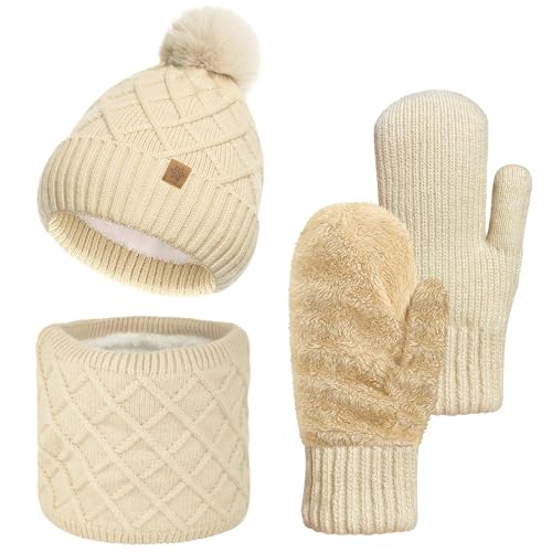 Bseical Mütze Schal Handschuhe Set Damen Winter Warme Wintermütze mit Bommel & Weiches Fleecefutter, Loop Schal Schlauchschal Winterschal Winterhandschuhe für Weihnachten Geschenk für Frauen 3in1 Set