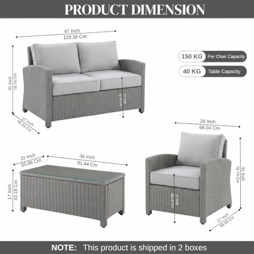 Image of DEVOKO 4PCS Patio Wicker Furniture Set Center Table Silver Grey Rattan Chairs and Grey Cushions Outdoor Furniture for Backyard, Garden, Blacony