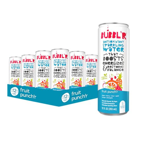 BUBBL'R fruit punch'r, Antioxidant Sparkling Water with Natural Caffeine, 0g Sugar, Gluten Free, All Natural Flavors, 12 Fl Oz Cans, 12 Count (12 Fl Oz (Pack of 12), fruit punch'r)
