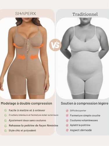 SHAPERX Gaine Ventre Plat Femme Body Gainant Taille Haute Culotte avec Fermeture Zip & Crochets, Shapewear Amincissant Sans Coutures Invisible sous Robe, UK-SZ5862-Sienna-L/XL – vue 5