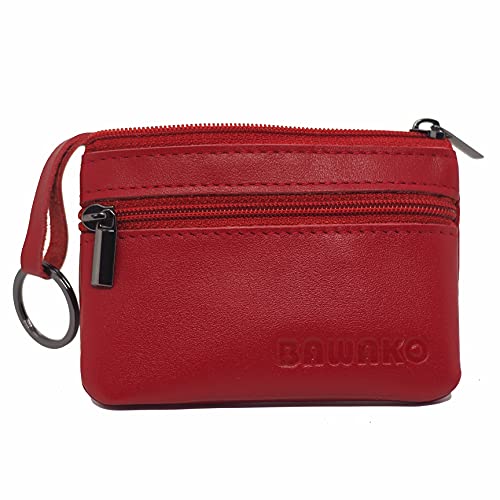 Bawako - Portamonete in vera pelle, portafoglio portamonete piccolo, con 2 scomparti, cerniera e portachiavi, per uomo e donna, Colore: rosso, 10 cm * 7 cm, Classico