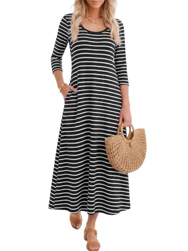ANRABESS Womens 3/4 Sleeve Scoop Neck Casual Maxi Dress,Black Stripes,XXL