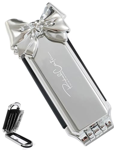 TPZORJX Mini Cepillo de pelo de viaje con espejo, plegable, cepillo de tamaño de bolsillo, peine de masaje, Lindo lazo cepillo compacto para el cabello, herramientas de peinado para Niñas, Mujeres