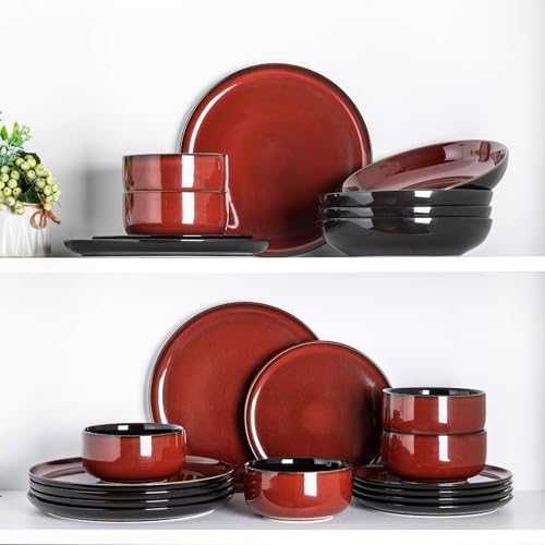 Image of LERATIO Ceramic Dinnerware Sets for 8,Plates and Bowls Sets,Handmade Reactive Glaze Dishes Set,Highly Chip and Crack Resistant | Dishwasher & Microwave & Oven Safe Dishes set,Service for 8-Red(24pc)