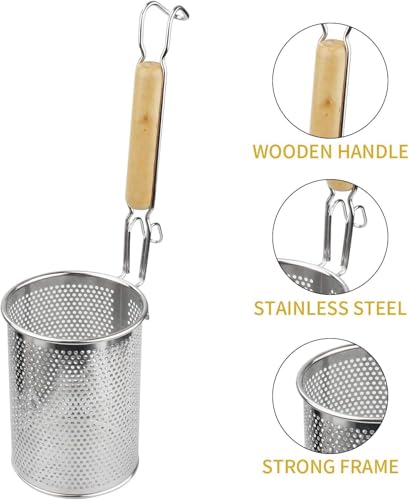 Image of KRESHU Micro-Perforated Mesh Design with Sturdy Wooden Handle | Stainless Steel Pasta and Noodle Strainer Basket | Frying Baskets for Chips | Anti-Corrosion Spider Drainer (35.5x14x14 cm) - Silver