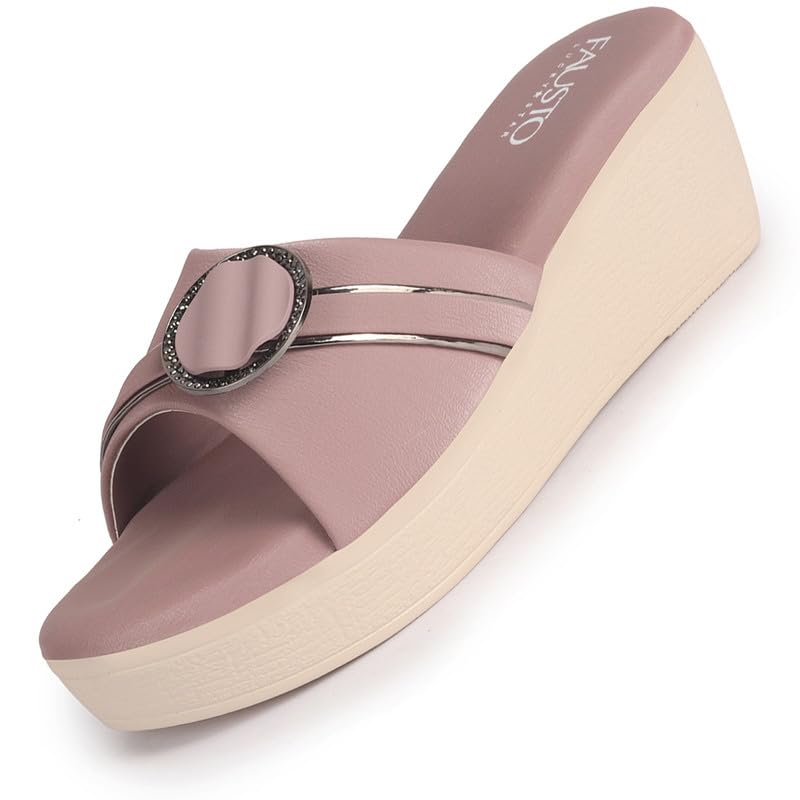 Image of FAUSTO Women Buckle Design Wedge Heel Sandals | Comfortable Slip-On Platform Slides For All Day Wear, Casual and Party | Soft Cushioned Insole