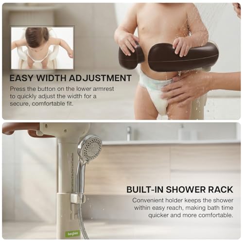 Image of BAYBEE Babyflo Shower Bath Stand for Baby for 0 - 3 Years for Kids | Baby Standing Bath Stand with Adjustable Height & Width | Foldable Kids Bathstand with Shower Holder & Anti-Slip Base (Brown)