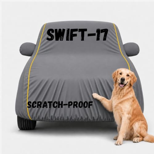 Image of Waterproof Car Cover for Swift 2012-17 | Soft Cotton Lining Heavy Duty Triple Stitched Heat Resistant Outdoor Cover Comes with Mirror and Antenna Pocket Full Bottom Elastic (Zig Zag Grey)