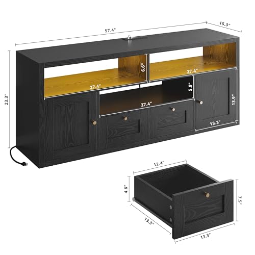 Image of LIKIMIO Black TV Stand for 65 inch TVs, Entertainment Center for Living Room | TV Consoles with 1 inch Thick Top, Ample Storage Space, Adjustable LED Light, Built-in Charging Station