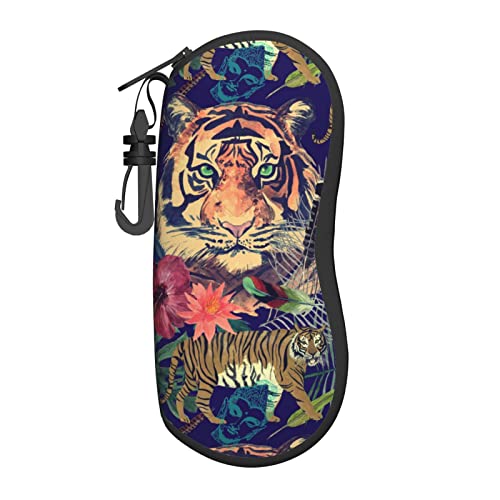 Vintage Tigers Leaves Flowers Feathers Pineapple Soft Sunglasses Case For Men Women, Ultra Light Neoprene Zipper Eyeglass Portable Glasses Case With Belt Clip #TOP8