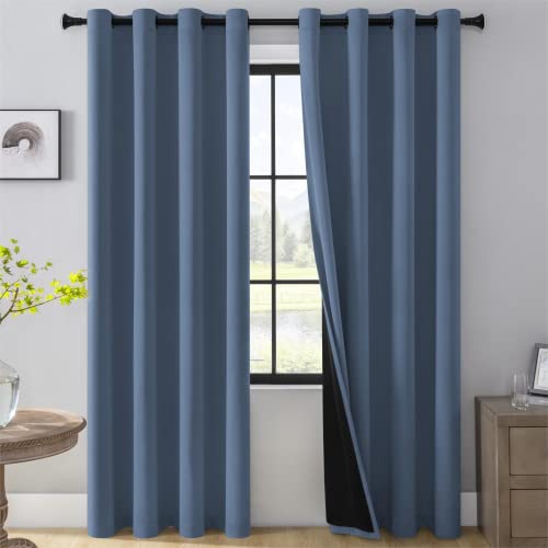Rutterllow Verdunkelungsvorhänge, 100 % 2 Paneele, wärmeisolierend, doppellagig mit schwarzem Innenfutter, für Schlafzimmer, mit Ösen (132,1 x 241,3 cm, Steinblau) Cover