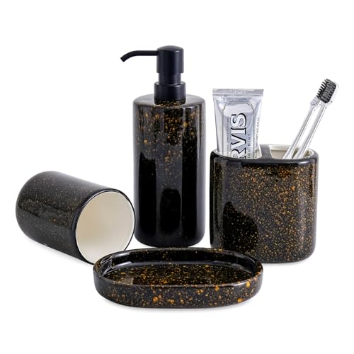 Black Bathroom Accessories Set 4 Pcs - Unique Ink-Splattered Design - Ceramic Bathroom Accessory Sets Contain Toothbrush Cup, Soap Dispenser, Soap Dish, Tumbler