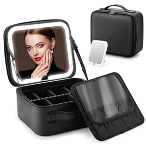 Makeup Bag with Led Mirror，Travel Cosmetic Bag with Removable Mirror，3 Type Lights with Adjustable Brightness，Adjustable Dividers Makeup Organizer，Cosmetic Bag for Women，Black