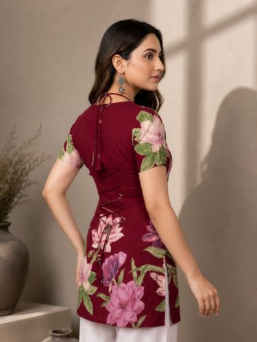 Image of Women's Floral Laila Cut Short Kurti Cotton V-Neck with Lining, Lightweight Short Sleeve Tunic, Breathable, Casual & Office Wear
