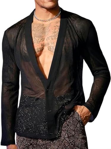 Men's Mesh Sheer Solid Long Sleeve Deep V Neck Button Down Party Shirts Summer Tops