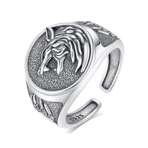 AEONSLOVE Wolf Ring Silber 925 für Damen Herren, Verstellbarer Wikinger Ring Herren, Offener Ringe Wolf Mann