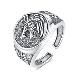 AEONSLOVE Anillo Tetragramaton Ajustable Plata de Ley 925 para Hombre Mujer, Anillos Lobo Abiertos de Plata 925 Anillo Pentagrama Vintage